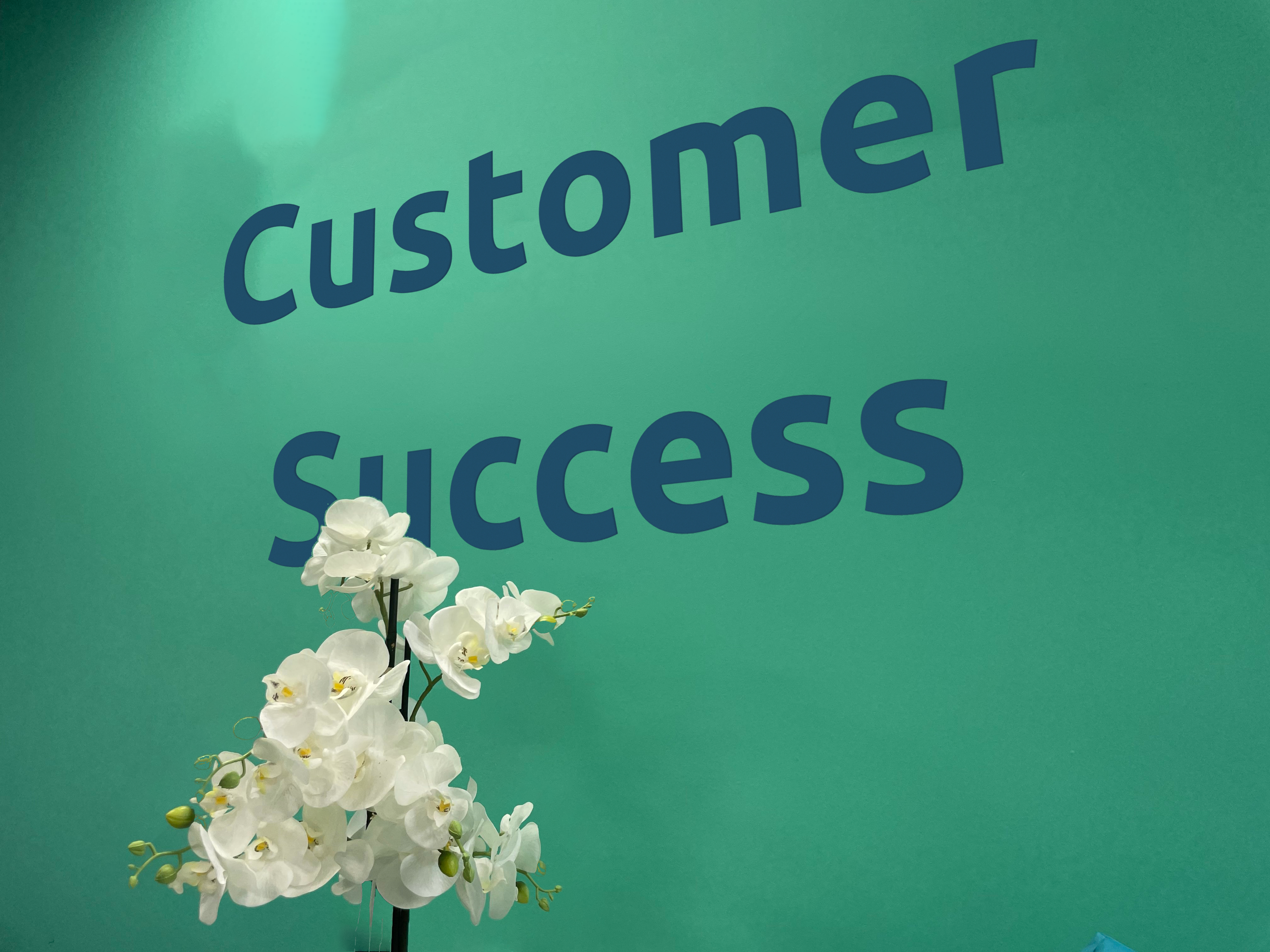 green mural that says 'customer success' on our core values wall at Aspire CRM's UK office