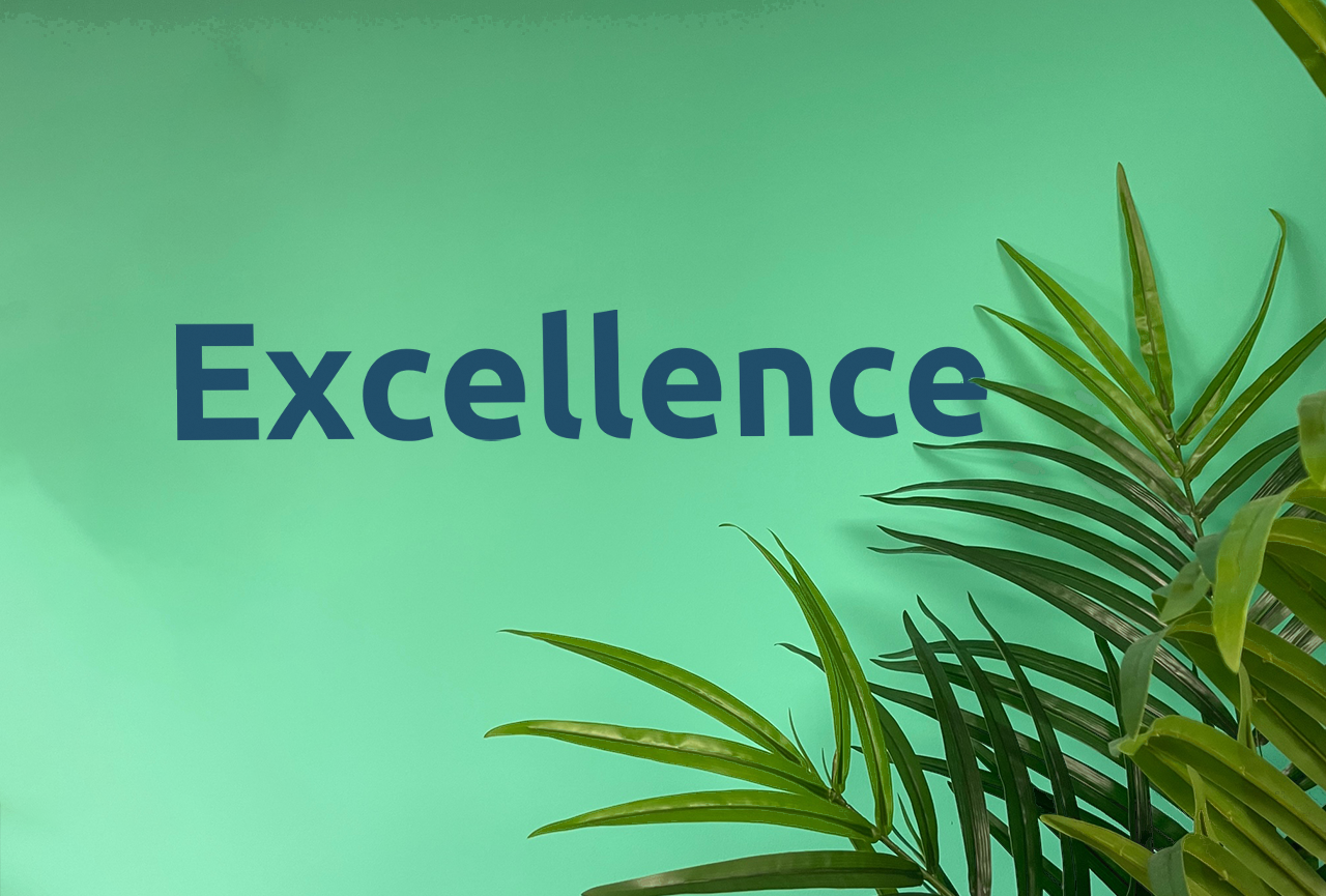 green mural that says 'excellence' on our core values wall at Aspire CRM's UK office